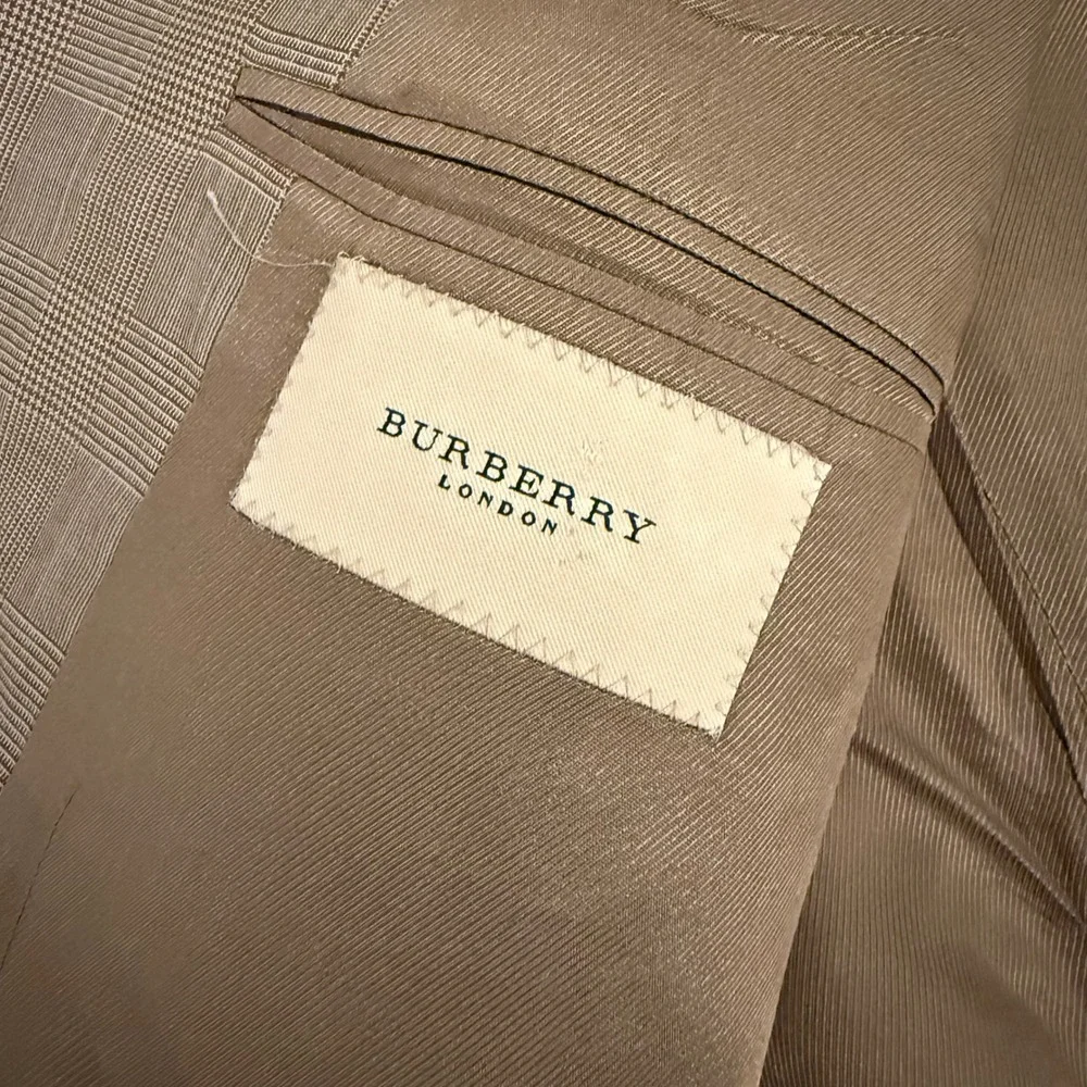 Burberry London Mens 42R Worsted Wool Blazer Tan Glen Plaid‎ Made in USA